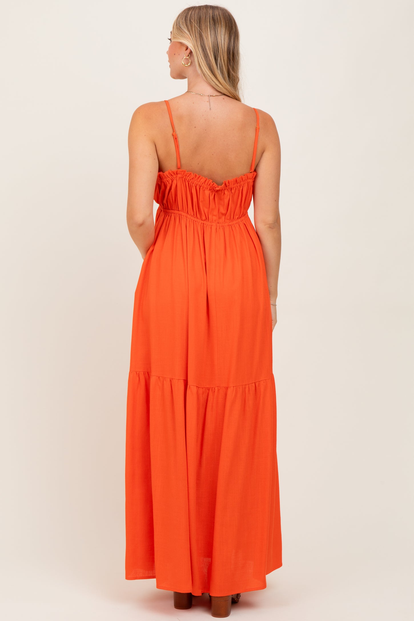 Orange Gathered Front Tie Maxi Dress