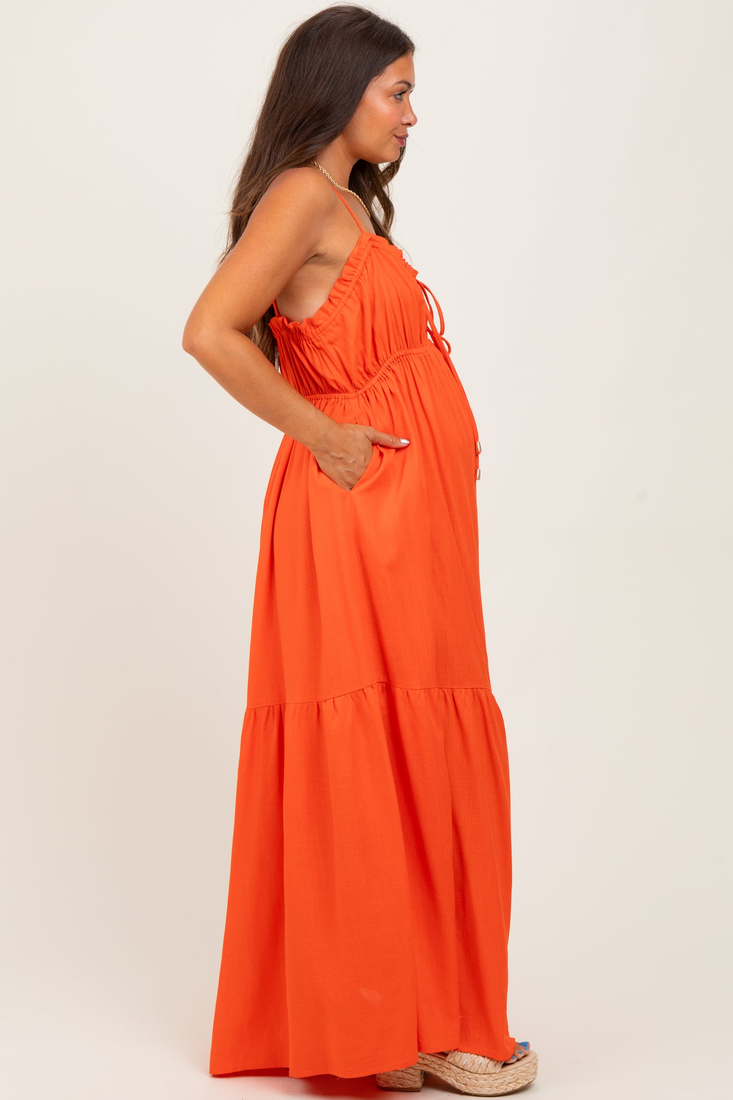 Orange Gathered Front Tie Maternity Maxi Dress