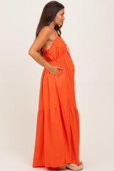 Orange Gathered Front Tie Maternity Maxi Dress
