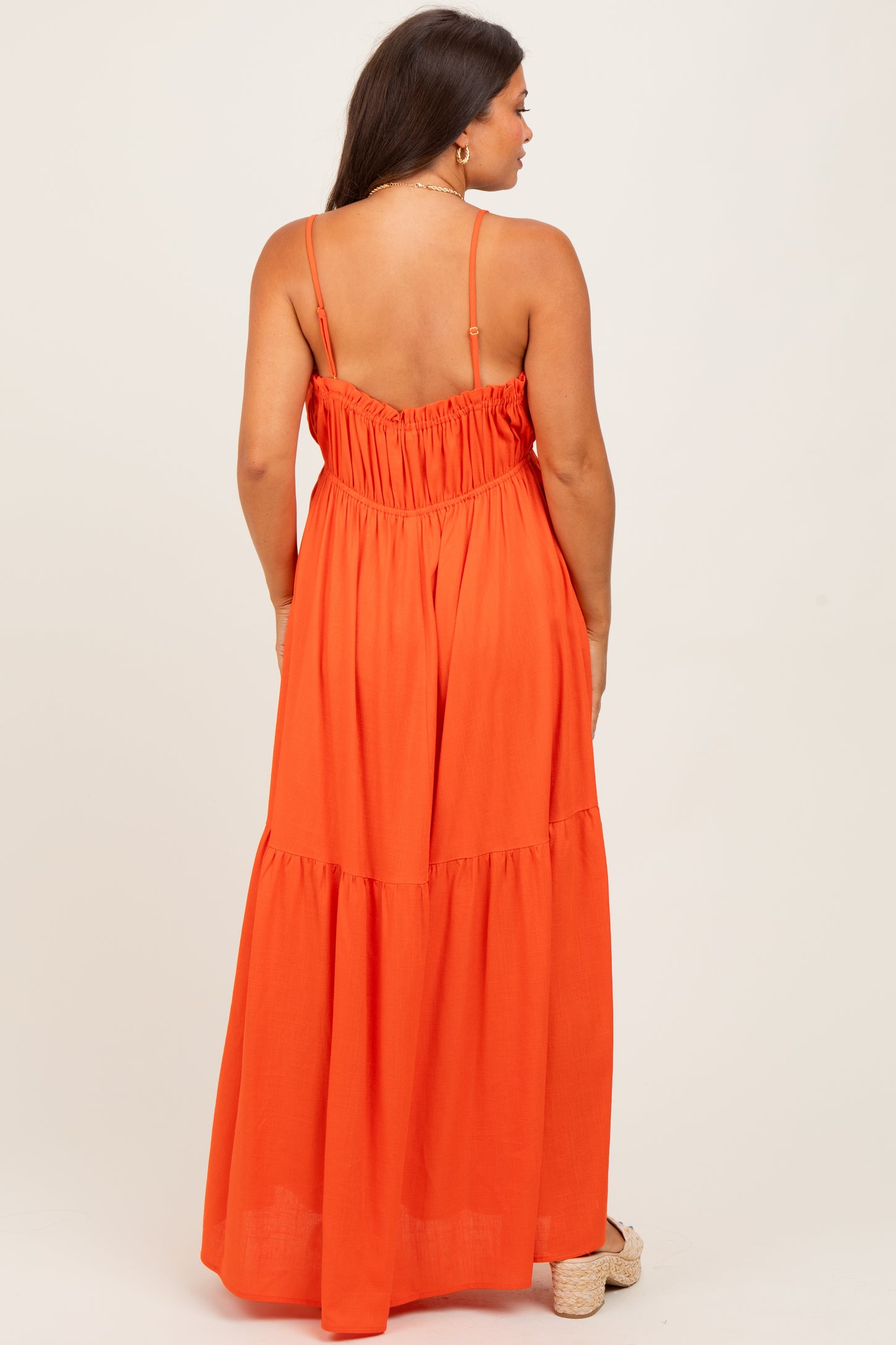 Orange Gathered Front Tie Maternity Maxi Dress