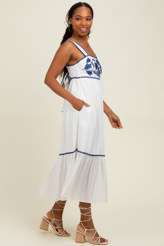 White Floral Embroidered Cutout Tie Back Midi Dress