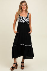 Black Floral Embroidered Cutout Tie Back Maternity Midi Dress