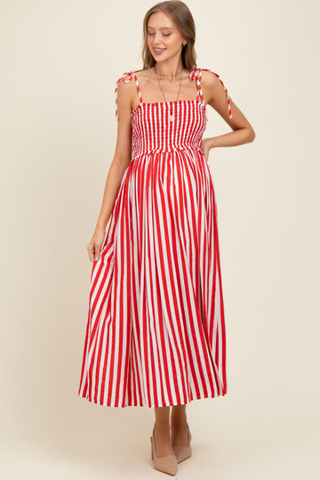 Red Striped Smocked Shoulder Tie Maternity Midi Dress
