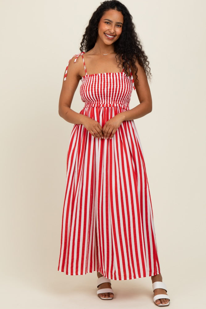 Red Striped Smocked Shoulder Tie Midi Dress