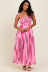 Pink Striped Smocked Shoulder Tie Midi Dress