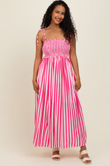 Pink Striped Smocked Shoulder Tie Midi Dress