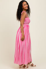 Pink Striped Smocked Shoulder Tie Midi Dress