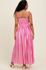 Pink Striped Smocked Shoulder Tie Midi Dress