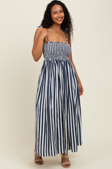 Navy Striped Smocked Shoulder Tie Midi Dress