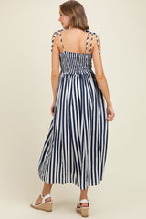 Navy Striped Smocked Shoulder Tie Maternity Midi Dress