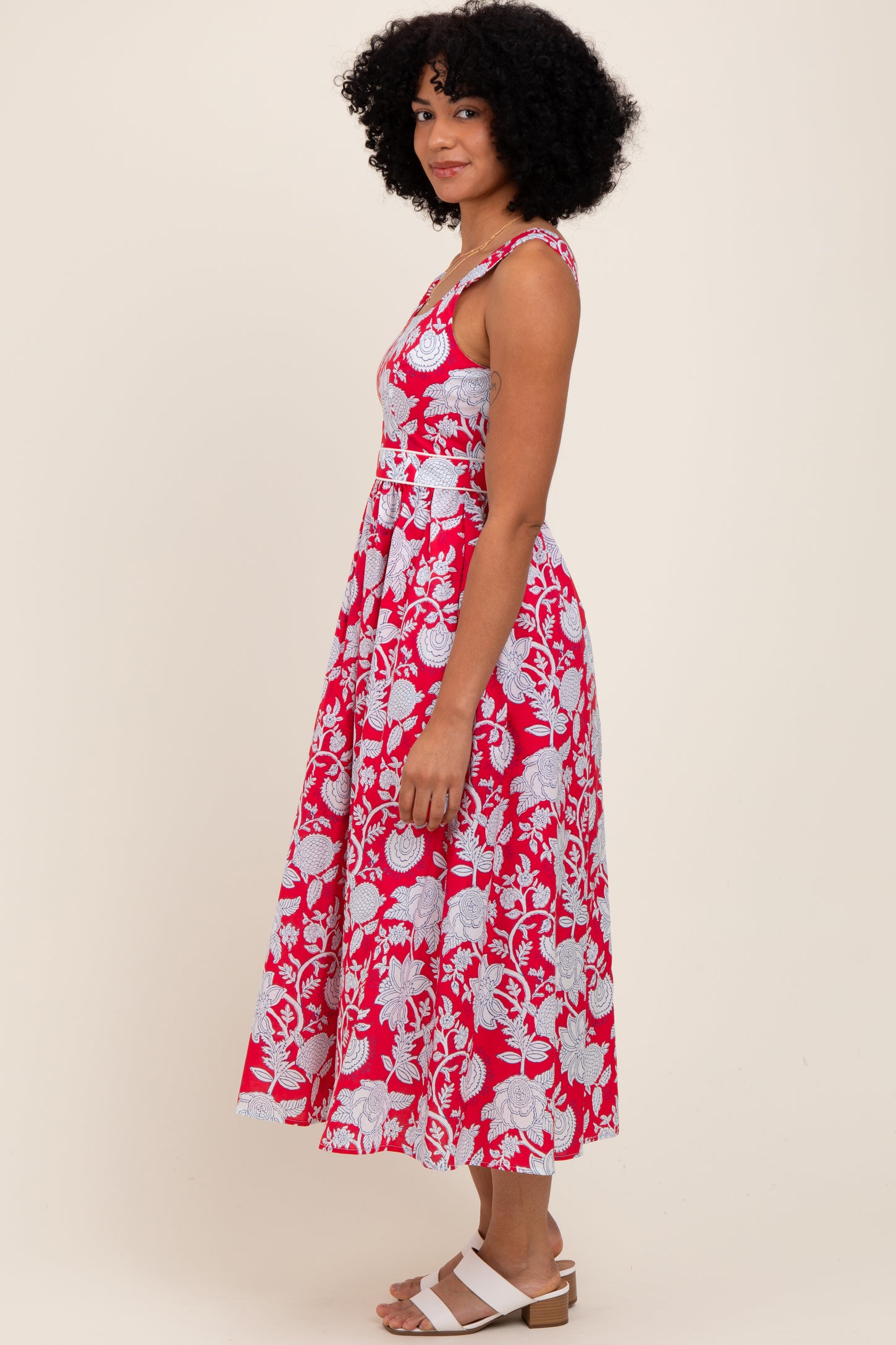Red Floral Square Neck Sleeveless Midi Dress