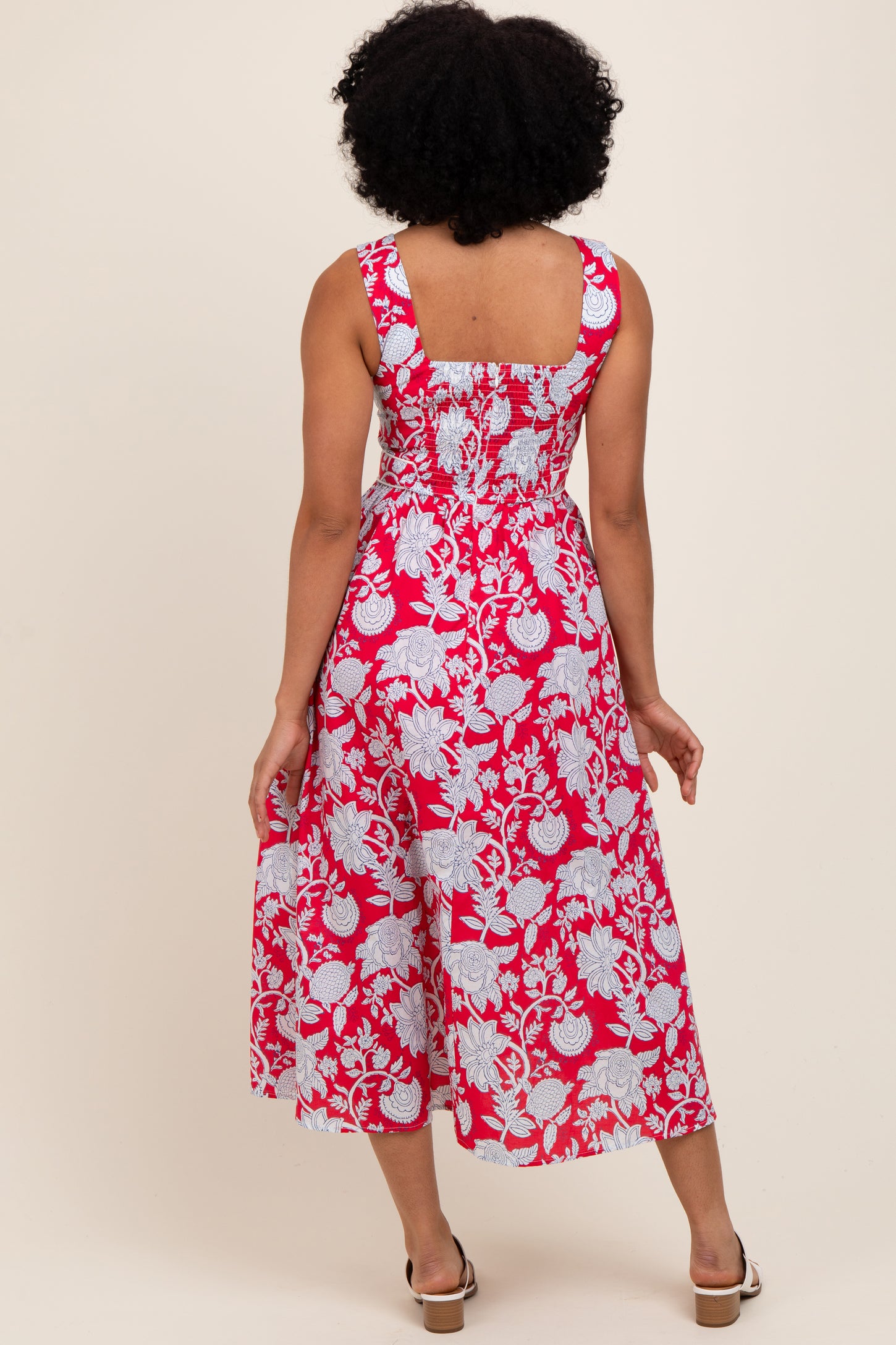 Red Floral Square Neck Sleeveless Midi Dress