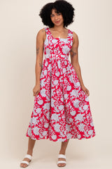 Red Floral Square Neck Sleeveless Maternity Midi Dress
