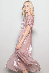 Pink Organza Puff Sleeve Midi Dress