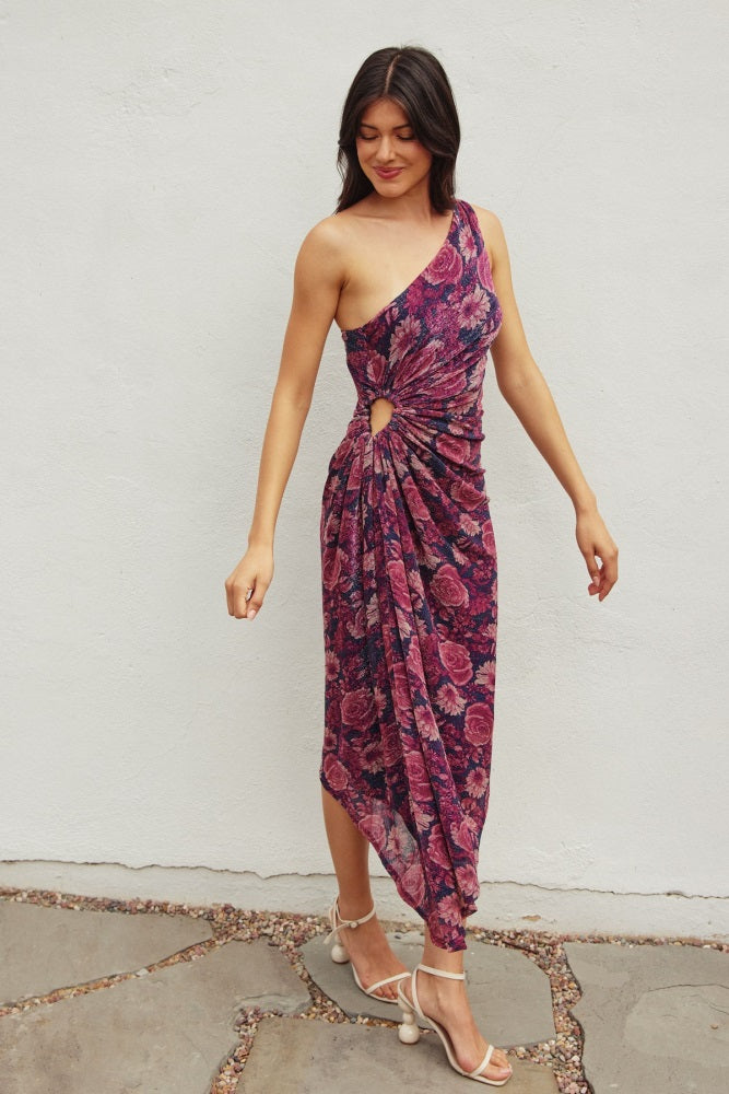 Magenta Floral One Shoulder Asymmetrical Midi Dress