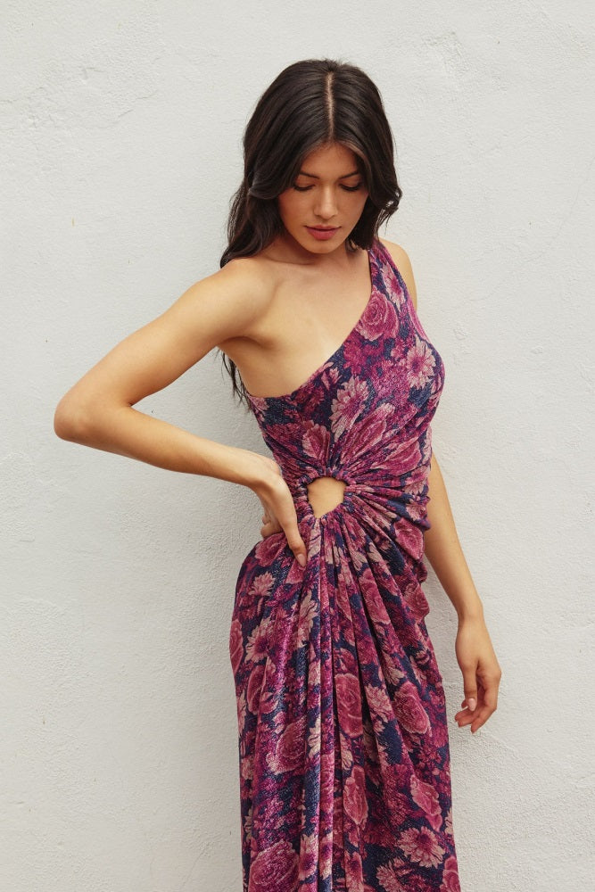 Magenta Floral One Shoulder Asymmetrical Midi Dress
