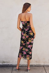 Black Floral Mesh Strapless Fitted Midi Dress