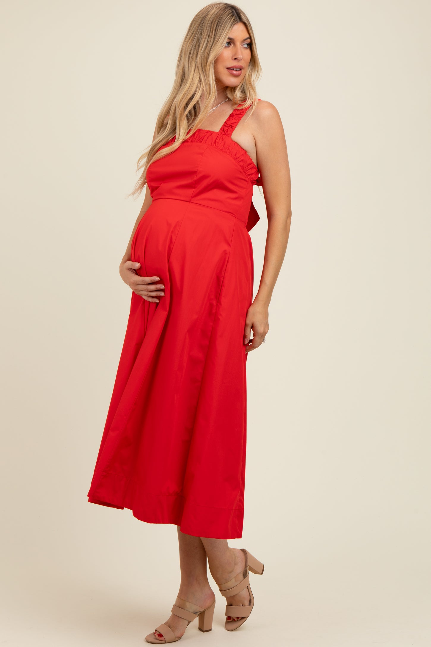 Red Back Bow Tie Detail Sleeveless Maternity Midi Dress