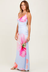 Light Blue Floral Draped Halter Maxi Dress