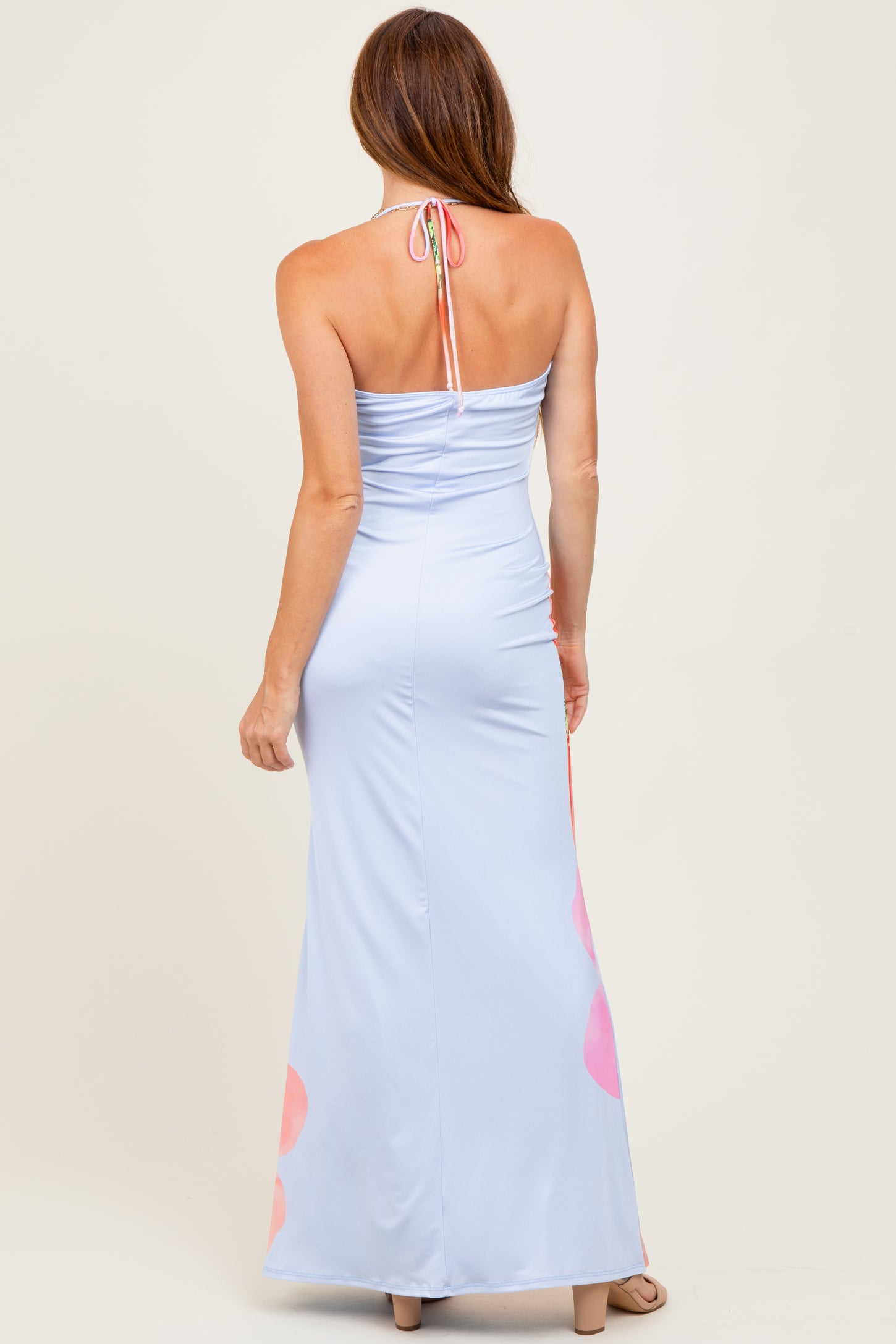 Light Blue Floral Draped Halter Maxi Dress