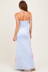 Light Blue Floral Draped Halter Maxi Dress