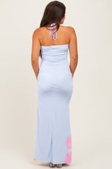 Light Blue Floral Draped Halter Maternity Maxi Dress