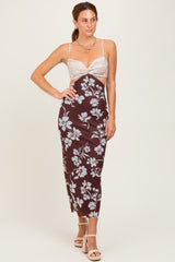 Brown Colorblock Floral Cutout Sleeveless Maxi Dress