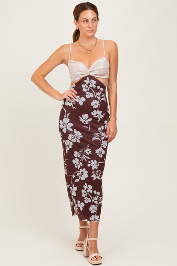 Brown Colorblock Floral Cutout Sleeveless Maxi Dress