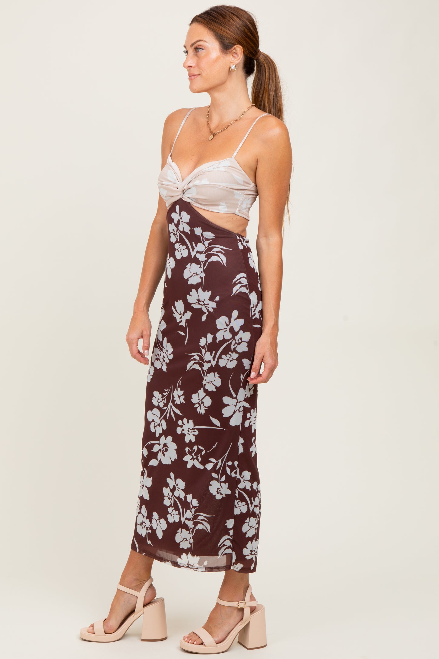 Brown Colorblock Floral Cutout Sleeveless Maxi Dress