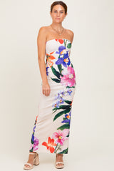 Peach Tropical Floral Strapless Maxi Dress