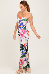 Peach Tropical Floral Strapless Maxi Dress