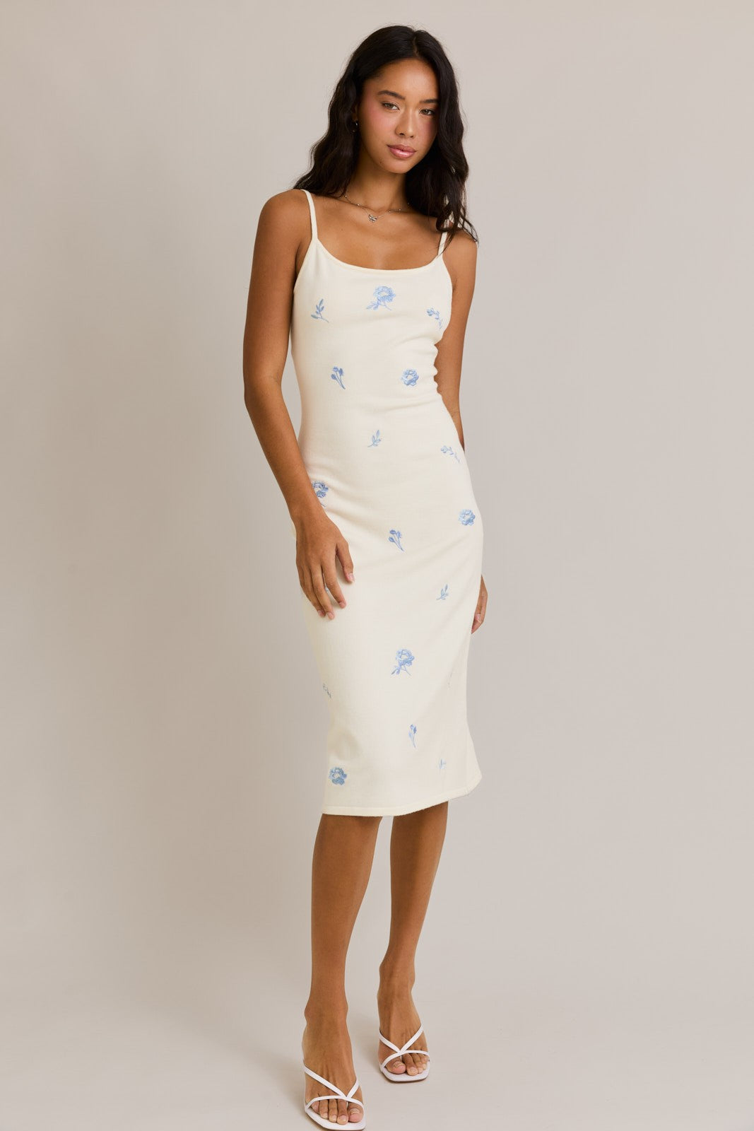 Ivory Knit Floral Embroidery Midi Tank Dress