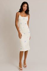 Ivory Knit Floral Embroidery Maternity Midi Tank Dress