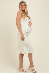 Ivory Knit Floral Embroidery Maternity Midi Tank Dress