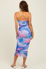 Blue Flower Mesh Halter Midi Dress