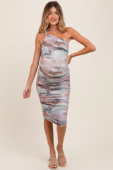 Multicolor Printed Mesh One Shoulder Maternity Midi Dress