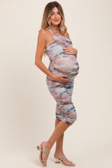 Multicolor Printed Mesh One Shoulder Maternity Midi Dress