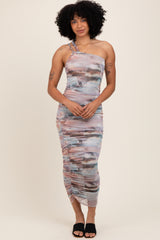 Multicolor Printed Mesh One Shoulder Maternity Midi Dress