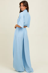 Blue Crop Blouse Wide Leg Pant Set