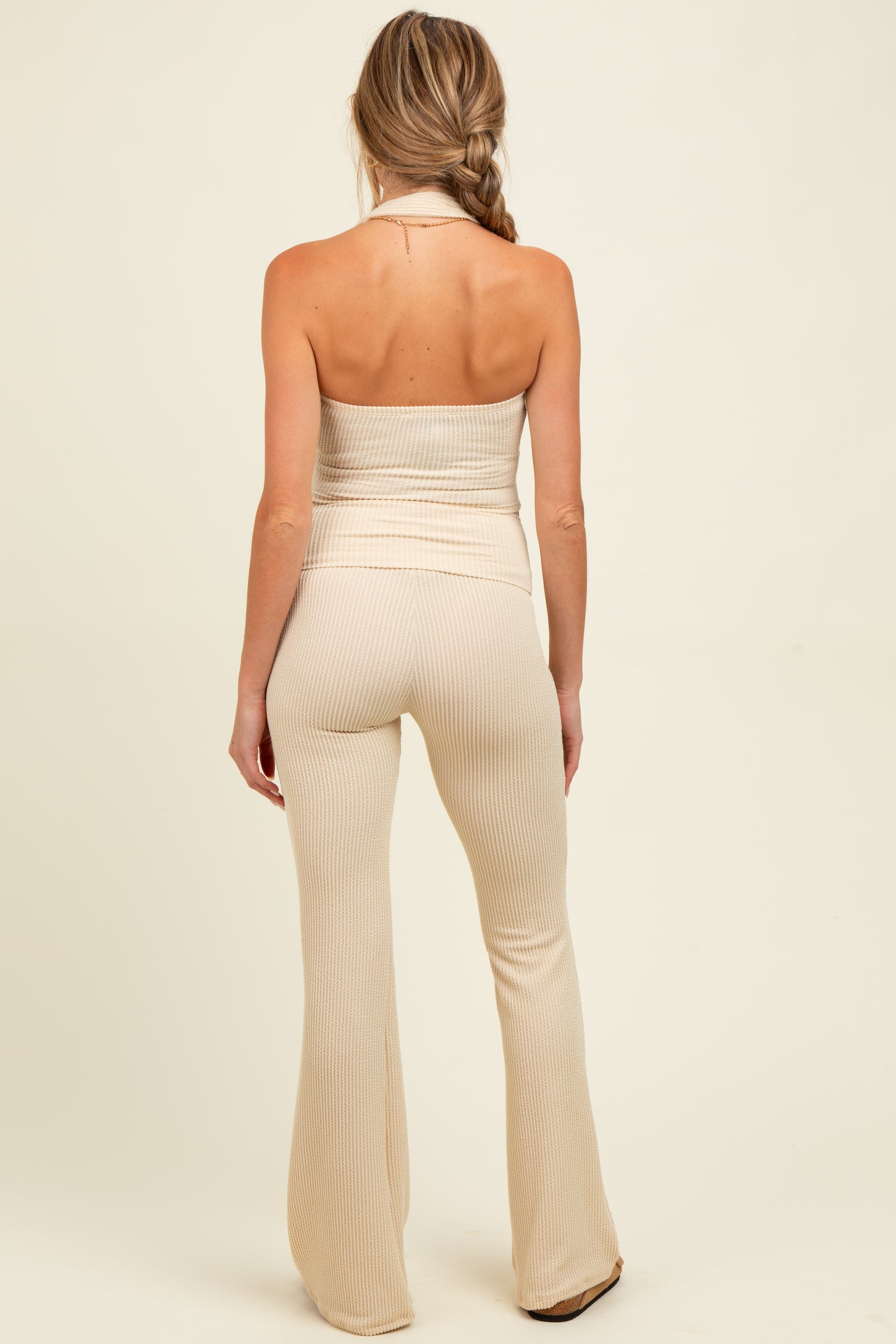 Cream Textured Rib Crop Tank Flare Leg Pant Maternity Set
