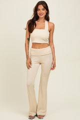 Cream Textured Rib Crop Tank Flare Leg Pant Maternity Set