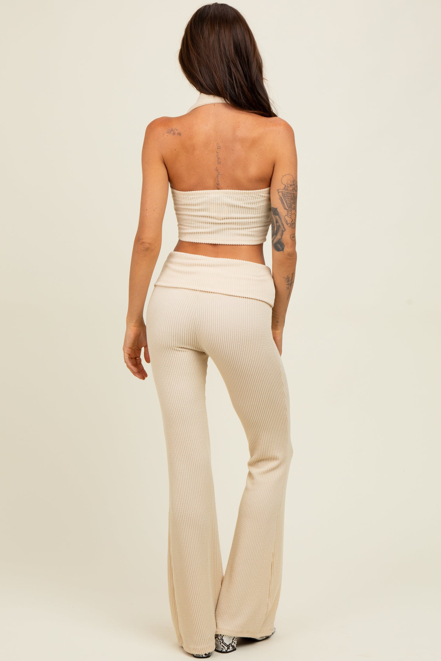Cream Textured Rib Crop Tank Flare Leg Pant Set