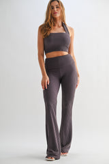 Purple Textured Rib Crop Tank Flare Leg Pant Set