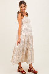 Cream Polka Dot Tiered Shoulder Tie Maternity Midi Dress