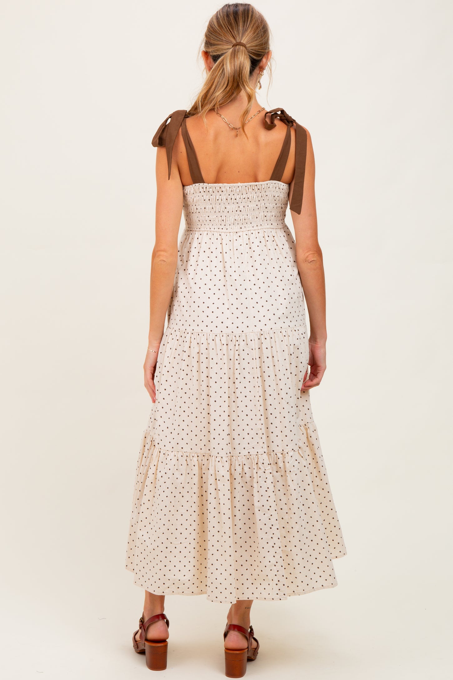 Cream Polka Dot Tiered Shoulder Tie Maternity Midi Dress