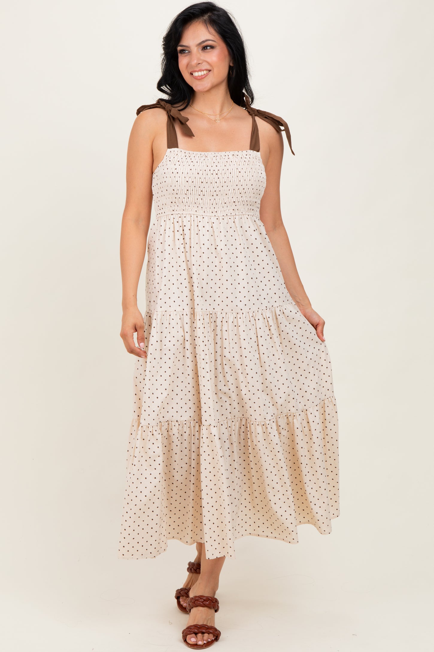 Cream Polka Dot Tiered Shoulder Tie Midi Dress