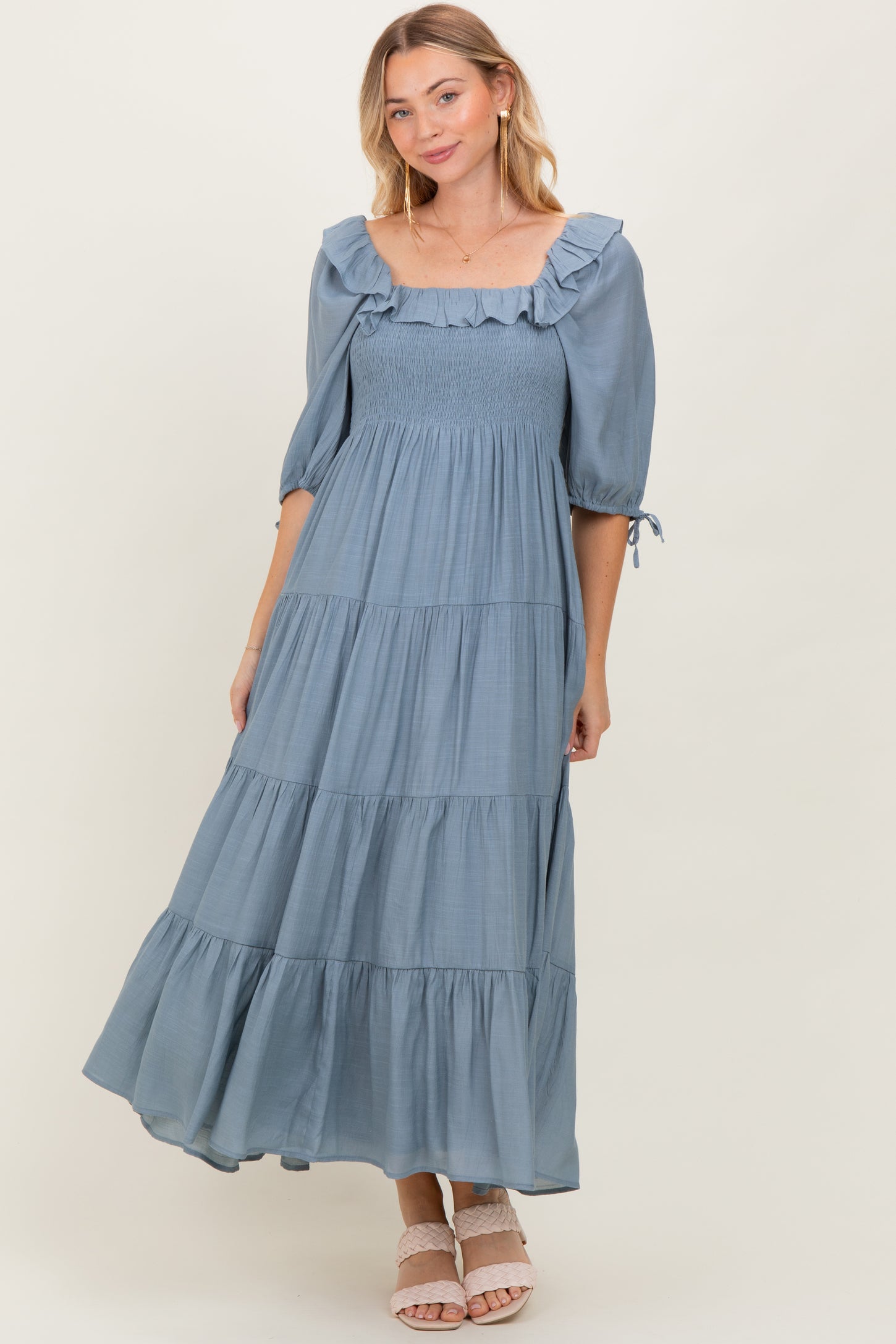 Light Blue Smocked Ruffle Detail Tiered Maternity Midi Dress