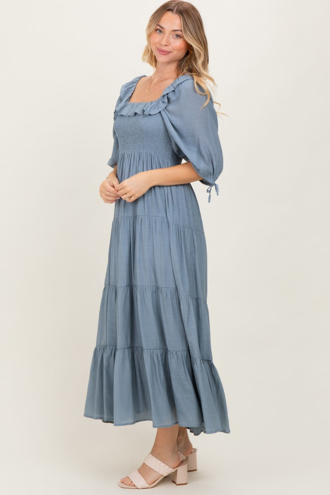 Light Blue Smocked Ruffle Detail Tiered Midi Dress