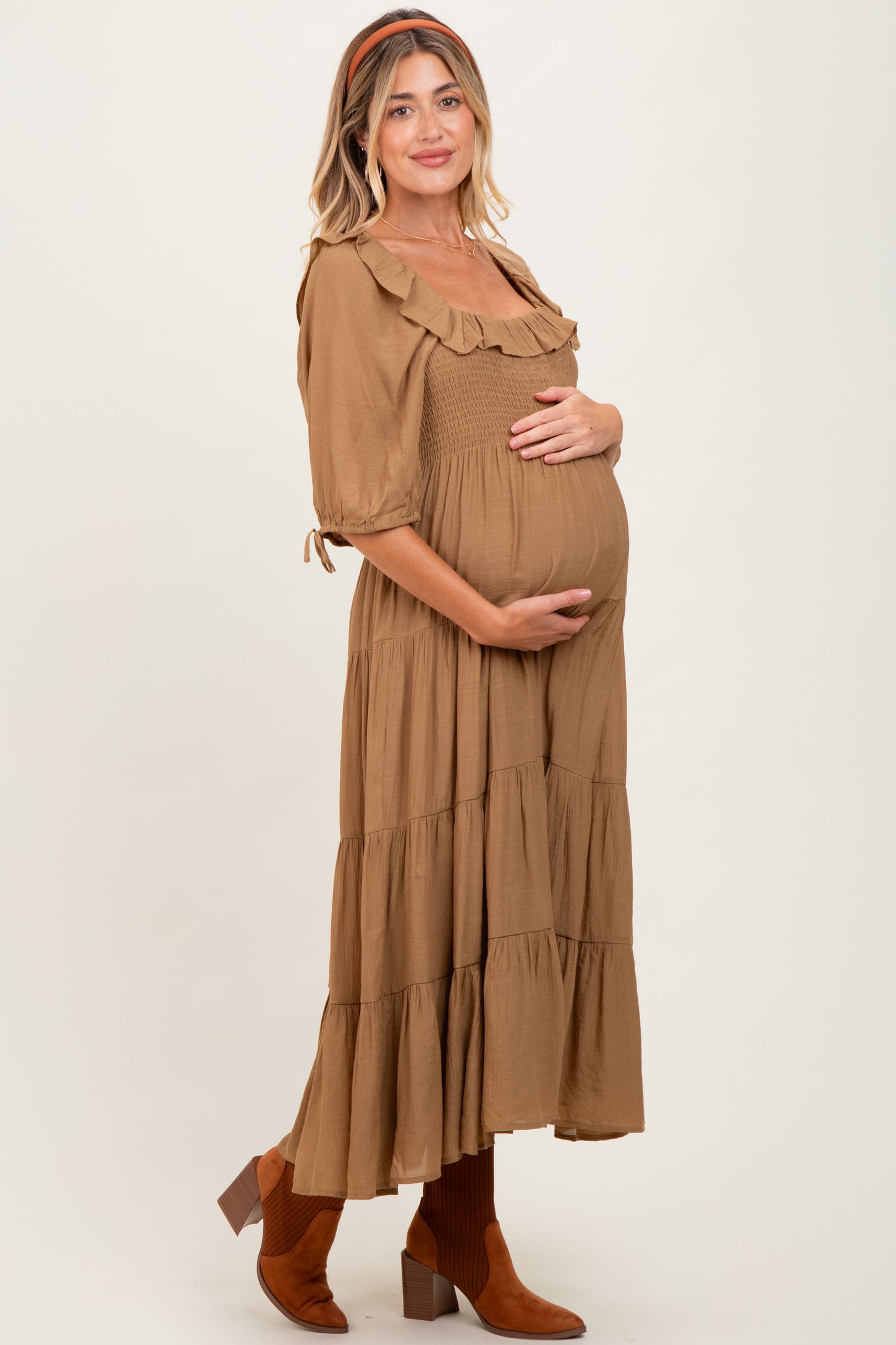 Mocha Smocked Ruffle Detail Tiered Maternity Midi Dress
