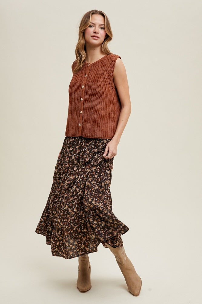 Brown Floral Smocked Waist Maxi Skirt